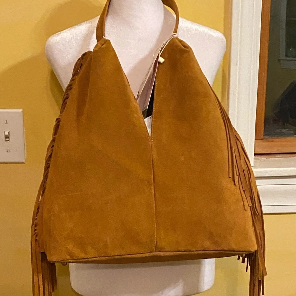 Divina Firenze Italian Tan Suede Fringe Hobo Bag NWT
